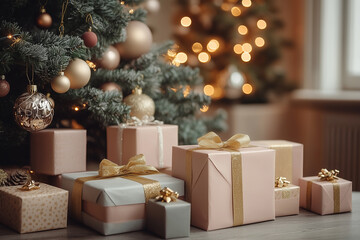 A beautifully arranged collection of Christmas gifts under a decorated tree, radiating festive cheer in a cozy indoor setting