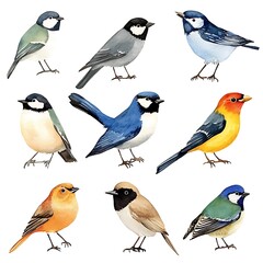 Fototapeta premium Watercolor birds delicately illustrated with shades of blue and yellow.
