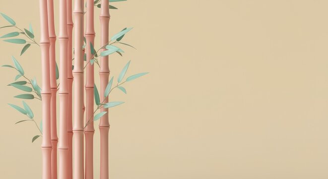 Bamboo stalks with leaves on beige background