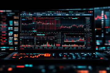 Stock market trading session showing rising graph trends on digital monitor during evening hours