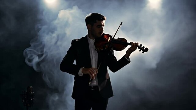 Musician Performs Violin in Dark Studio With Smoke Backdrop Generative AI