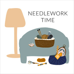Needlework knit embroidery sofa lamp vector art