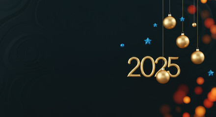 Golden "2025" and festive ornaments on dark background with lights