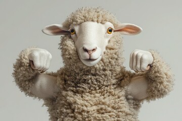 A funny sheep doing bicep curls, its wool fluffing up as it flexes tiny muscles with a proud look.