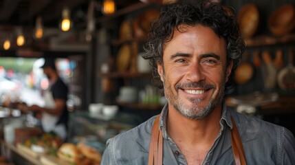 Fototapeta premium A smiling man with a beard and curly hair is standing behind the counter in a bakery. He's wearing an apron and looking directly at the camera.