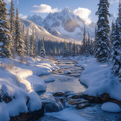 Fototapeta premium A snow-covered mountain landscape in winter, morning sunlight shining through the mist, lush green trees and a beautiful glacier stream, creating a serene and stunning atmosphere