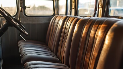 Fototapeta premium Explore the restored vintage bus interior a closeup showcase of timeless design and comfort