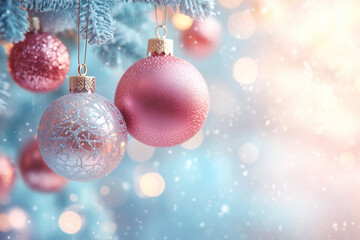 Colorful Christmas ornaments hanging on a tree with a soft blur effect and festive bokeh lights in the background during the holiday season