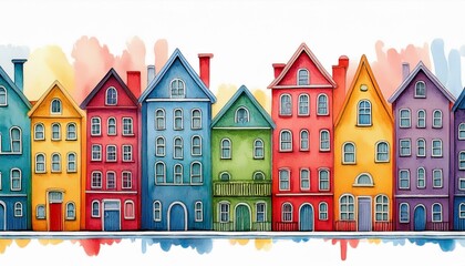 colorful houses painted in a watercolor style on a white background