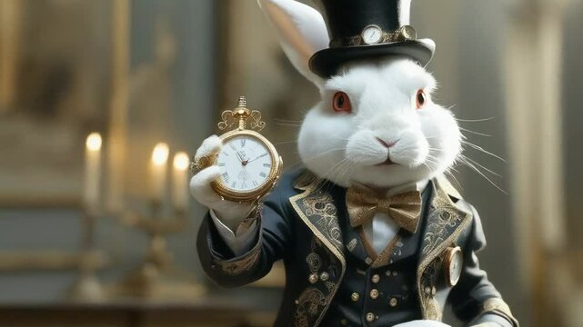 White crazy rabbit with a pocket watch from the fairy tale Alice in Wonderland