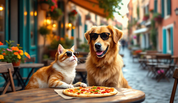 This image features a stylish orange tabby cat wearing sunglasses and a golden retriever sitting at a café table with a delicious pizza, set in a charming street. Perfect for themes related to pets, f