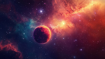 Naklejka premium A vibrant cosmic scene with stars, nebulae, and a glowing red planet floating in the depths of space.