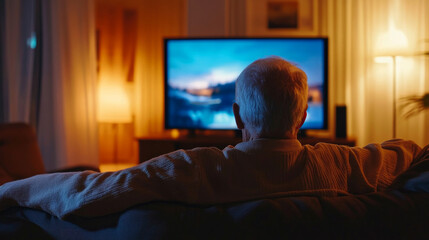 Fototapeta premium An elderly man watches TV on a large flat-screen in the evening.