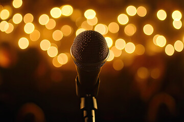 microphone with bokeh light background, background for poster design, stand-up comedy show, karaoke or singing contest, open mic and jokes show