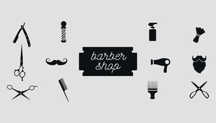 Set of black silhouettes of barber tools. Vector on a gray background