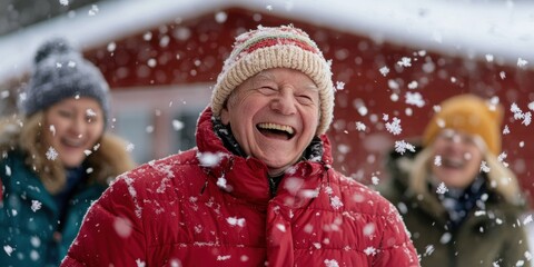 A joyful elderly man enjoys a snowy day with friends, capturing the essence of winter happiness and connection in a festive atmosphere.