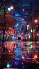 Dreamlike, neon cityscape at night with bold, glowing streetlights, reflective puddles, and surreal shapes in the sky