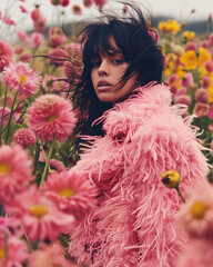 Slavic woman with long black hair in an oversized pink furry coat, standing amidst giant pink and yellow flowers in a high-fashion style. Perfect for editorial visuals or conceptual art