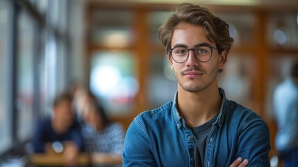 Bright and determined young man, showcasing intelligence and readiness, seated in a university classroom setting