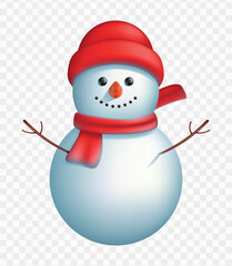 Smiling snowman in a hat and scarf on a transparent background. Symbol of Christmas and New Year. Vector flat illustration