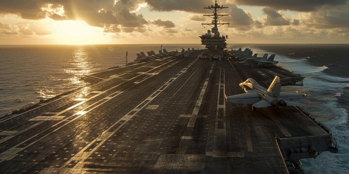 A U.S. Navy aircraft carrier navigating calm waters at sunset, showcasing jets on deck and a serene ocean landscape
