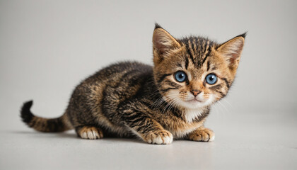 Obraz premium A tabby kitten with blue eyes sits on a white background, looking directly at the camera