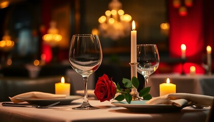 Romantic dinner table setting with rose and candles in elegant restaurant