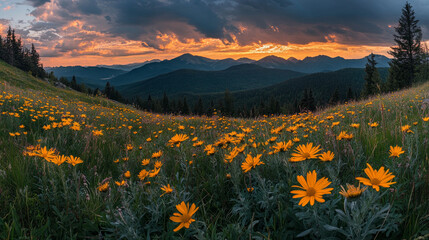Sunset over the Carpathian mountains in Ukraine. Arnica flowers bloom in valley below. Beautiful photo wallpaper to decorate your wall.