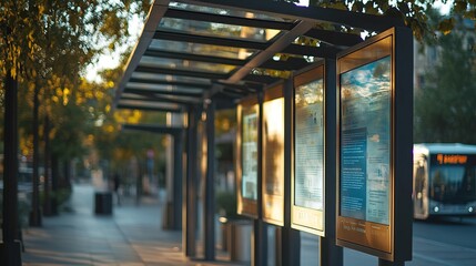 Explore the tranquil beauty of a modern bus stop in a vibrant transit system setting