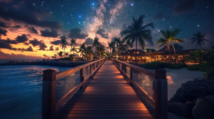 Obraz premium Tranquil bridge leads to a luxurious resort pier. The ocean and beach are lit by sunset, and the Milky Way glistens above palm trees. A perfect setting for a carefree vacation or exotic adventure.