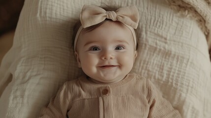 A joyful baby with a bow smiling on a soft blanket.