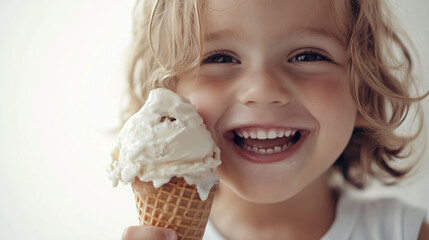 Joyful child enjoying melting ice cream cone in studio shot