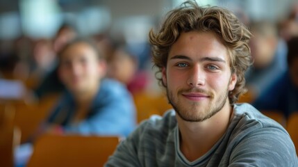 Fototapeta premium Bright and determined young man, showcasing intelligence and readiness, seated in a university classroom setting
