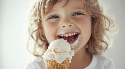 Joyful child enjoying melting ice cream cone in studio shot
