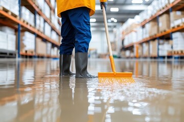 A worker in waterproof boots and rain gear using a squeegee to clean up floodwater inside a warehouse, indicating disaster recovery.