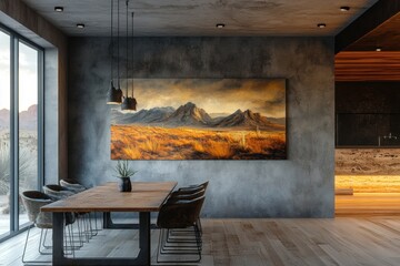southwest desert art, a modern adobe-style dining room adorned with southwestern desert wall art, illuminated in soft evening light, with space for text