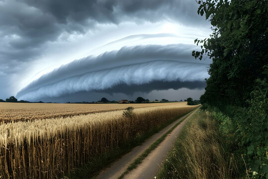 Dramatic rain clouds rolling over rural fields and country roads, capturing the essence of stormy weather