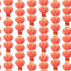Chinese new year background. Seamless watercolor pattern with red and gold chinese lanterns garland for new year decorations, holidays wrapping paper, wallpaper, holidays textile, fabric