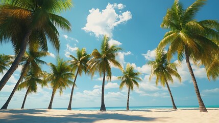 Tropical palm trees swaying gently on a serene sandy beach.