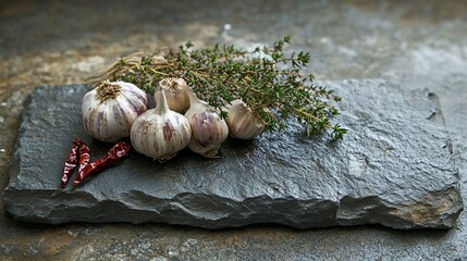 Garlic on a stone slab with earthy tones, decorated with thyme sprigs and dried chili for a rustic touch