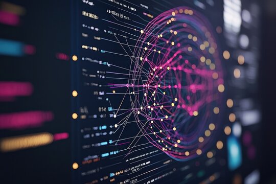 A computer screen shows a complex network of lines and dots