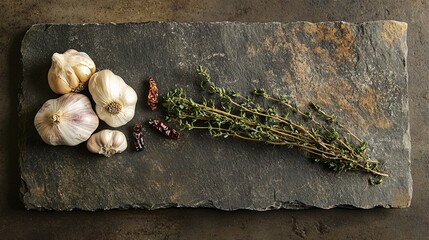 Garlic on a stone slab with earthy tones, decorated with thyme sprigs and dried chili for a rustic touch
