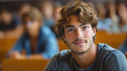 Fototapeta premium Bright and determined young man, showcasing intelligence and readiness, seated in a university classroom setting