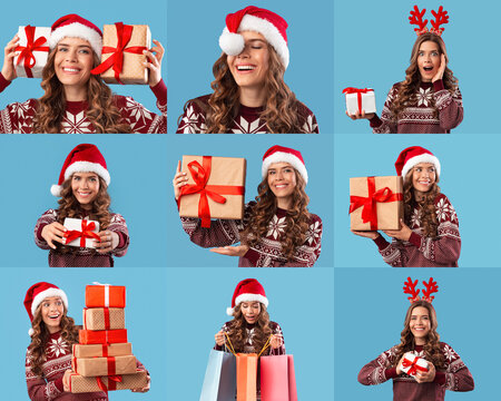 A cheerful lady wearing a Santa hat and festive sweater joyfully holds and showcases various wrapped holiday gifts, capturing the spirit of celebration during the festive season.