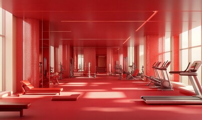 A modern gym with red decor and comprehensive fitness equipment, creating a dynamic and invigorating environment designed to enhance a variety of workout routines