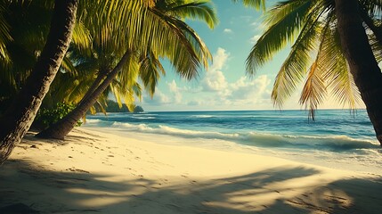 Beach paradise featuring palm trees and clear skies over sand.