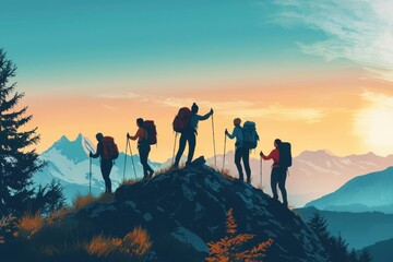 Fototapeta premium A group of four people are hiking up a mountain