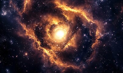 A swirling nebula of gas and dust, illuminated by distant stars. The center of the nebula is a bright, white light