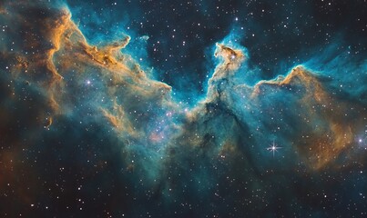 A vibrant nebula with swirling clouds of gas and dust against a backdrop of twinkling stars in the vastness of space