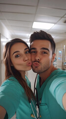 Fototapeta premium Doctor and nurse in the hospital, ready for surgery, posing together with a professional smile.